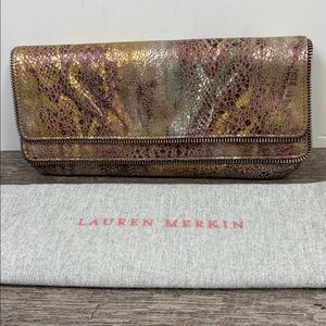 ✨ Metallic Lauren Merkin Foldover Zip Clutch | Iridescent Gold Multi